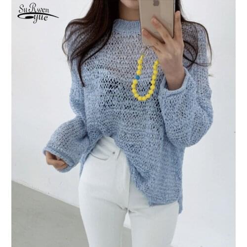 Summer O-neck Knitwear Pullover Women Sun-protection Shirt Thin Clothes Sunscreen Blouse Korean Loose Long Sleeve Shirts 14806
