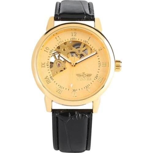 Men Golden Hollow Dial Hand-Wind Mechanical Watch Business Black Leather Band Transparent Skeleton Stainless Steel Case