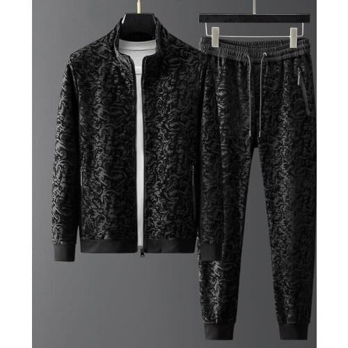 2021 Autumn Winter Mens Sets (jackets+pants) Luxury Flocking Jacquard Zipper Male Sets Fashion Sport Casual Man Suits 5XL