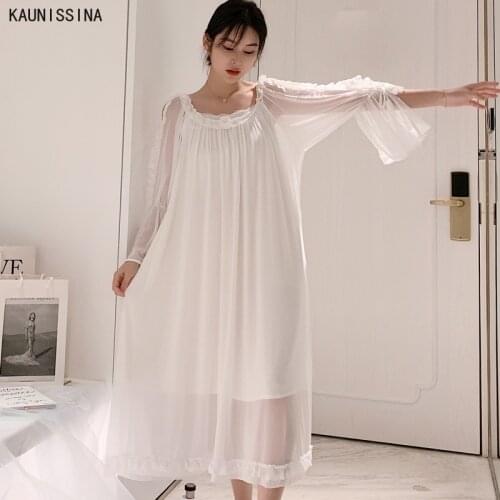 Womens Soft Elegant Long Nightgowns Female Sweet Princess Sleeping Home Dress Lady Lace Sexy White Blue Nightdress Nightwear
