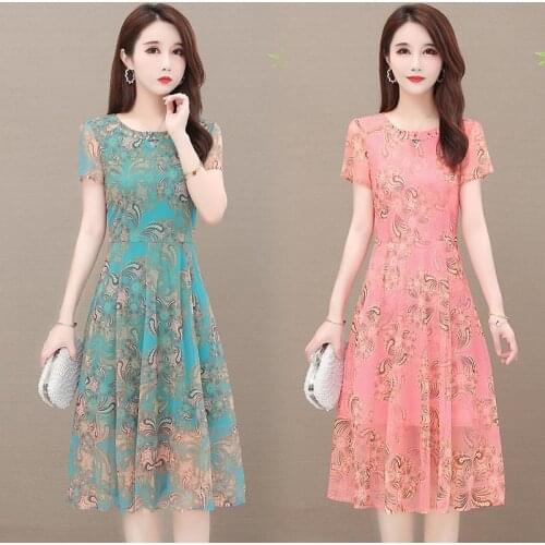 Summer New Style Foreign Belly Covering Waist Showing Thin Age Reducing Light Mature Wind FloralCocktail Dresses 9070