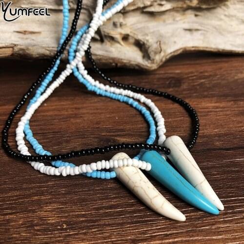 Yumfeel Bohemia Style Small Acrylic Beaded Necklaces For Women Boho Stone Horn Pendant Necklace New Jewelry