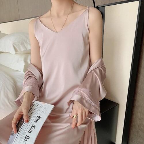 Sexy Women Home Wear 2PCS Robe Set Full Sleeve Lace Rayon Kimono Nightgown V-Neck Nightgown Summer Bride Sleepwear Bathrobe Gown