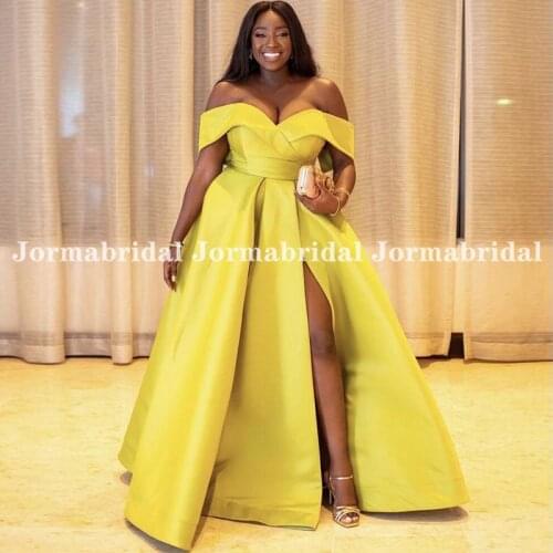 Lemon Yellow Satin Prom Dresses With Front High Slit Off The Shoulder Evening Party Dress Simple Occasion Gowns Vestidos De Gala