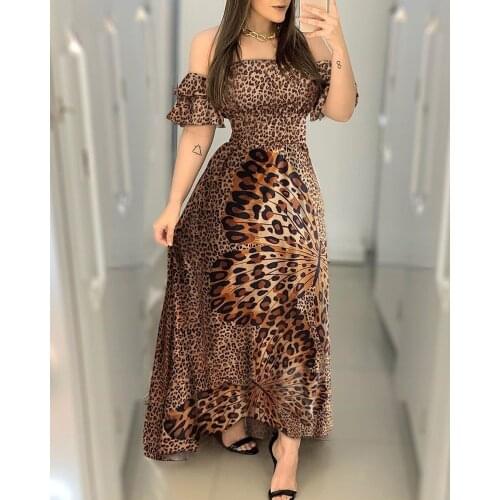 Hirigin New Elegant Leopard Butterfly Print Off Shoulder Maxi Dress Summer Women Dress Ruffles Sleeve Slash Neck Long Dress