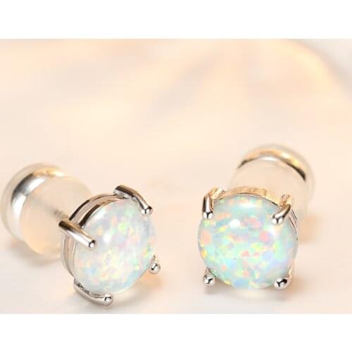 Simple Fashion Jewelry Bride Earrings Classic Round White Opal Stud Earrings Charming Birthstone Silver Color Earrings For Women