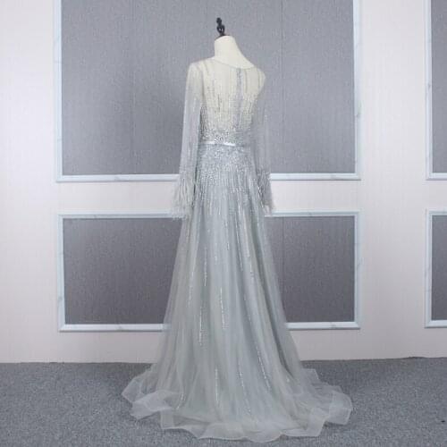 Real Image Long Sleeve Prom Dresses Sheer Neck Crystals Beaded Illusion Back Tulle Evening Gown with Feather