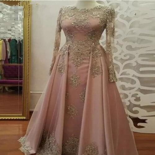 Saudi Arabia Muslim Evening Dresses 2019 Dubai Kaftan Blush Coral Long Sleeves Elegant Party Formal Dress Lace Appliques Beaded