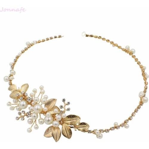 Jonnafe Women Headchain Gold Leaf Pearls Bridal Headband Tiara Hand wired Wedding Hair Vine Jewelry