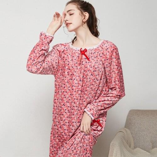 Spring Nightdress Women Fleece Floral Long Sleeve Soft O-Neck Sleepdress Nightgown Casual Nighties Home Clothes Autumn Plus Size