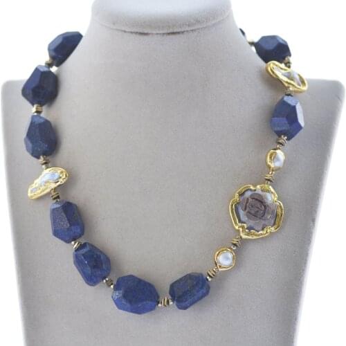 Z11022 19" 26mm Blue lapis lazuli biwa Pearl Shell Flower Gold-plating Necklace