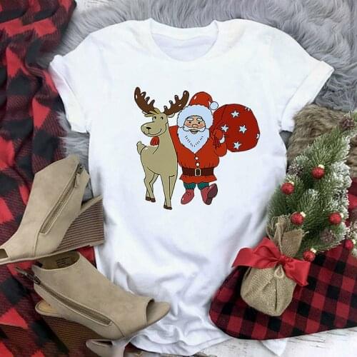 Women Graphic Tee Santa Claus And Elk Holding Gifts White T-shirt Women Fashion Short Sleeve TShirt Female 90s White Tshirt