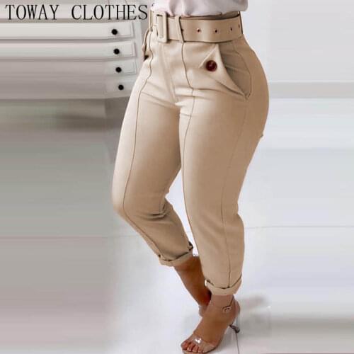 Women Solid Knotted Pocket Design Casual Pants Pre-Fall Long Plain Skinny Pants
