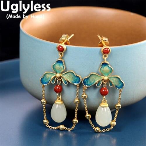 Uglyless Enamel 3-petal Flowers Studs Earrings for Women Oriental Charming Floral Earrings Natural Agate Jade Brincos 925 Silver