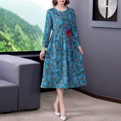 2021 Women Cottom Linen Print Vintage Midi Dress Spring Summer Floral 3XL Plus Size Casual Dress Elegant Bodycon Party Vestidos