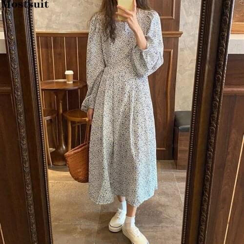 Vintage Long Sleeve Chiffon Dress For Women 2021 Spring Autumn Lantern Sleeve O-neck Pleated Elegant Dresses Korean Ropa Mujer