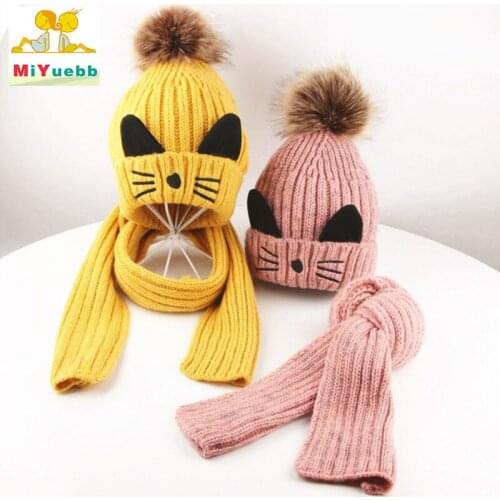 HOT 2-9 years old child Winter boys girls wool Solid color cap Two-piece hat scarf Outdoor warm Cat ear protection MZ11