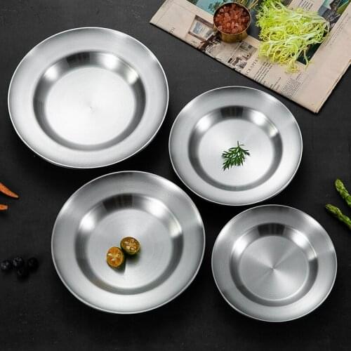 1Pc Stainless Steel Round Dinner Plate kitchen Heat Insulated Disc Food Meat Fruit Tray