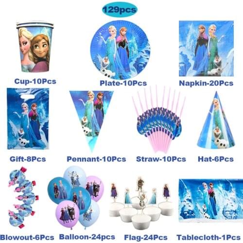 Frozen 129/pcs Baby Shower Party Decoration Birthday Set Banner Cup Plate Tablecloth Disposable Supplies For Kids For 10 People