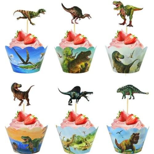 24pcs/set Dinosaur Cupcake Wrappers Toppers Baking Dessert Cakes Decoration Kid Birthday Party Cupcake Topper Baby Shower Supply
