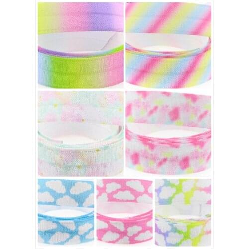 5/8"16mm Cloud Patterns Gradient Stripe Color Printed Fold Over Elastic Ribbon DIY Party Decor Hair Band Making 50yards/roll