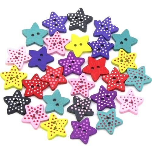 50Pcs Mix Colors Button Star/Flower/Heart Wooden Buttons Dot Pattern Decorative Button For Clothes Sewing Accessories Scrapbook