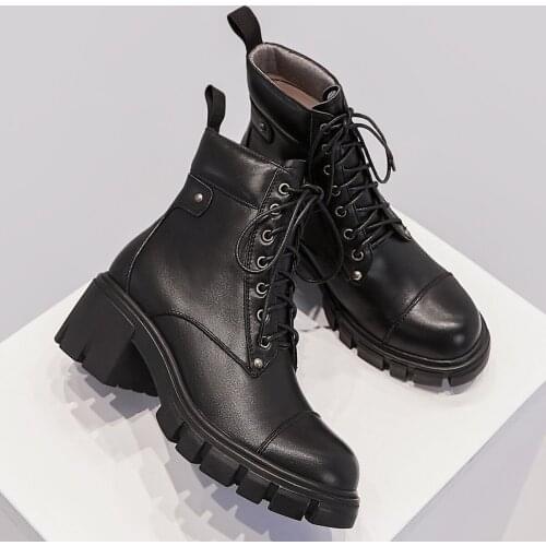 Womens genuine leather thick high heel ankle boots lace-up short martin boots chunky heel platform Motorcycle boots shoes women