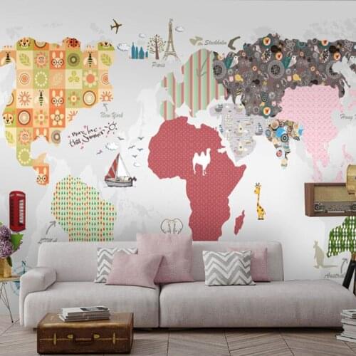 Tuya Art discount cartoon world map with animal art mural wallpaper home decor accessories for living room wallpaper decoration