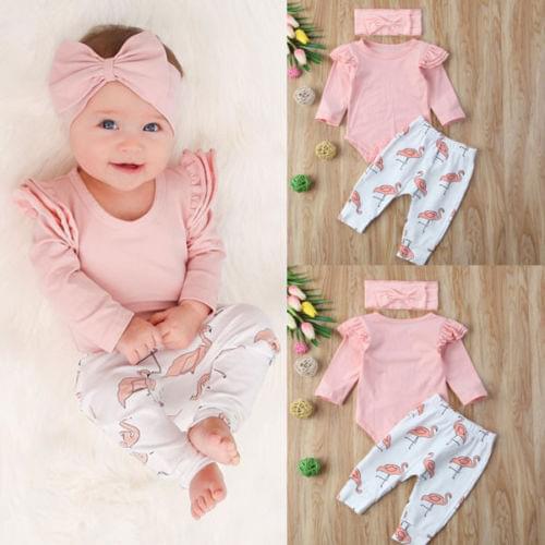Cute Infant Baby Boys Romper Flying Sleeve Tops + Long Pants Flamingo Headband 3PCS Clothes Set Cute Outfits Baby Clothing