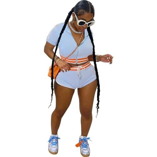 Two Piece Set Womens Outfits Tracksuit Zipper Short Sleeve Crop Top Tee Cool Girl Biker Shorts Sports Basketball Gym Clothing