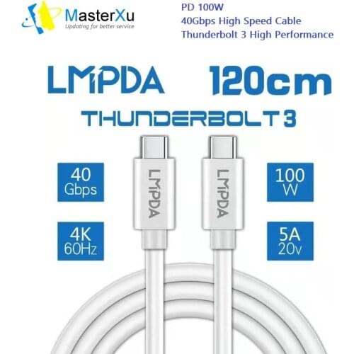 MasterXu LMPDA White Certified Cable Thunderbolt 3 1.2m 3.9 Feet 40Gbps Data Transfer USB C to USB C Cable High Speed PD 100W Ch
