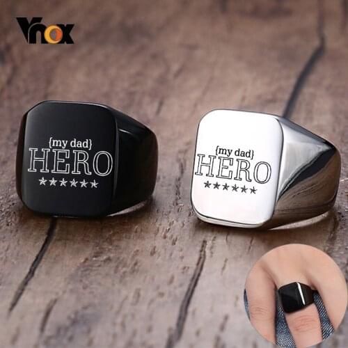 Vnox Customize HERO DAD Signet Ring for Men Black Stainless Steel Punk Stamp Ring Meaningful Fathers Day Birtthday Gift