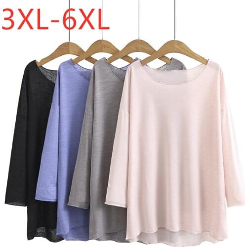 New 2021 Ladies Summer Plus Size Tops For Women Large Long Sleeve Loose Pink Blue Thin O-neck Sunscreen T-shirt 3XL 4XL 5XL 6XL