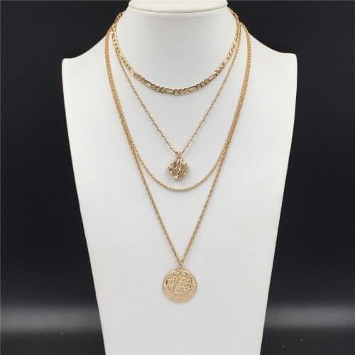 2020 New Arrivals Trendy Gold Color Plating Hammered Round Disc Pendant Layered Four Row Necklace For Women Girl Jewelry Gift