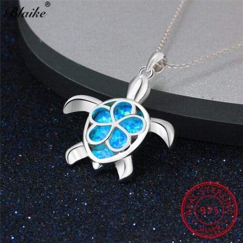 Blaike Blue Fire Opal Cute Turtle Pendants 100% Genuine 925 Sterling Silver Necklaces For Women Flower Charm Birthstone Jewelry