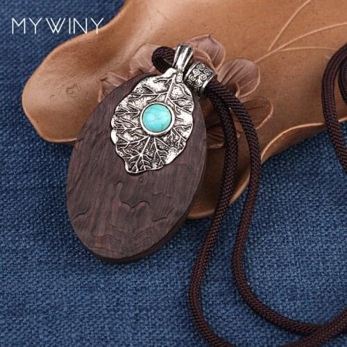 New wood oval pendants necklace vintage jewelry women, fashion vintage metal stones simple style necklace
