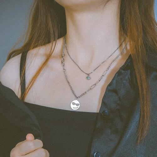 Smiley Necklace Necklace for Men Women Stainless Steel Hip Hop Rhinestone Pendant Double Layer Chain Fashion Jewelry Party Gift