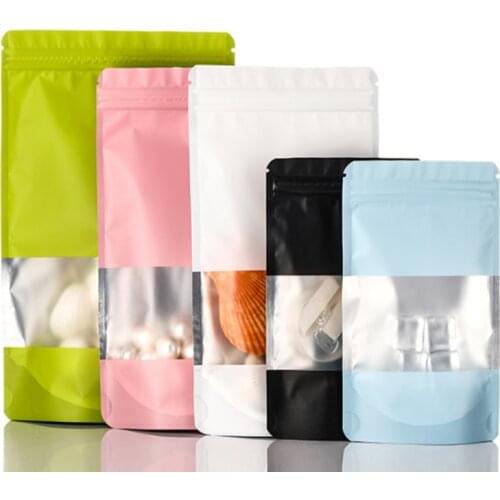2000pcs Colorful stand up aluminum foil bag with window Empty Frosted ziplocking bag jewelry food Snack packaging pouch