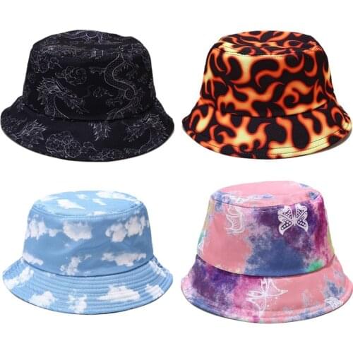 2020 Tie dye Butterfly Fire Cloud Dragon Print Fisherman Hat Fisherman Hat for Men and Women Outdoor Leisure Bucket Hat