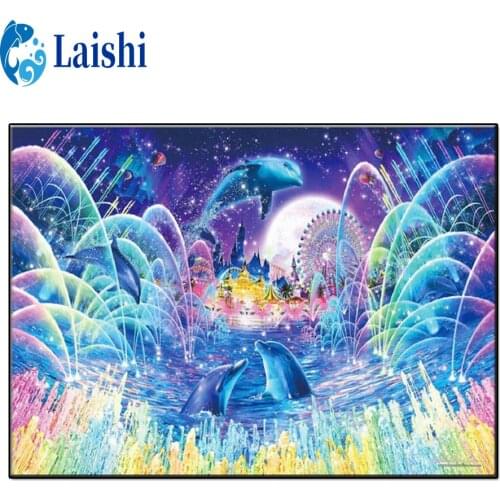 Full Square Diamond Embroidery Dolphins get out of the water to watch fireworks DIY Diamond Painting Picture of Rhinestones