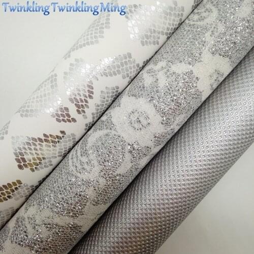 Silver Lace Glitter Fabric, Faux Fabric, Snake Synthetic Leather Fabric Sheets For Bow A4 21x29CM Twinkling Ming XM884