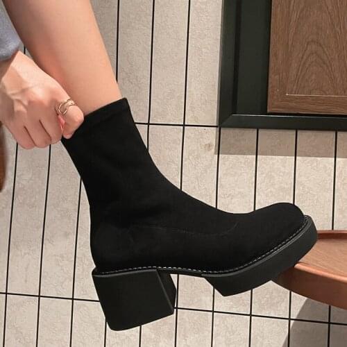 2021 Autumn Winter Thick Heel Stretch Boots Platform Short Boots Womens Martin Boots Chelsea Boots Black Shoes Fashion Woman