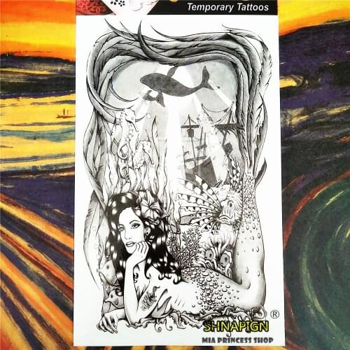 SHNAPIGN Black Sexy Mermaid Temporary Tattoo Body Art, 12*20cm Flash Tattoo Stickers, Waterproof Fake Henna Tatto Wall Sticker