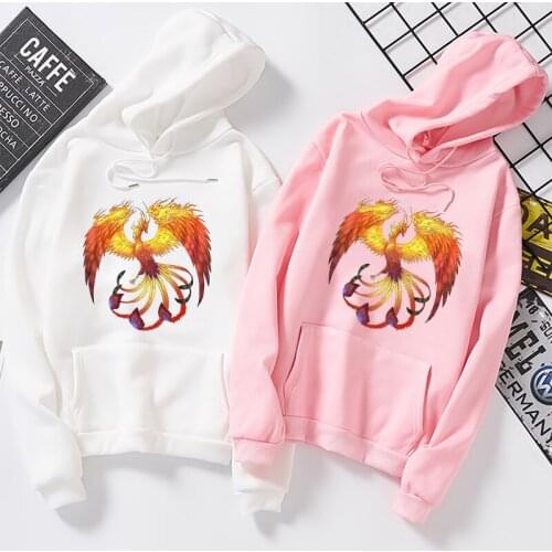 Womens Harajuku Sweatshirts Flaming Phenix Print Black Pullover Casual Hoodie Sweatshirt Women Autumn Female Hoodies Tops