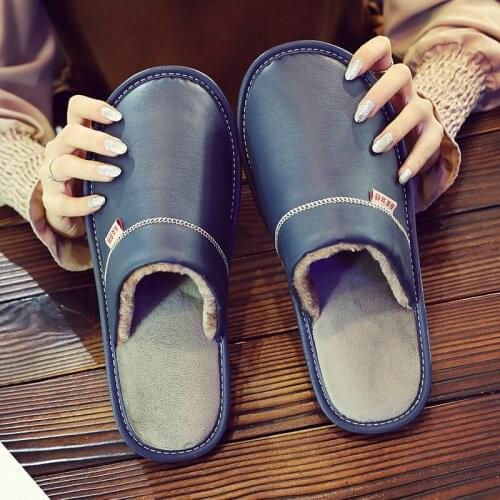 PU leather slippers winter home indoor female couple home male leather waterproof wool slippers household