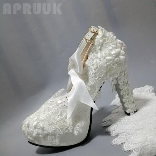 White lace ankle buckle straps womens high heels wedding pumps shoes bride satin bow butterflyknot wedding shoes bridal