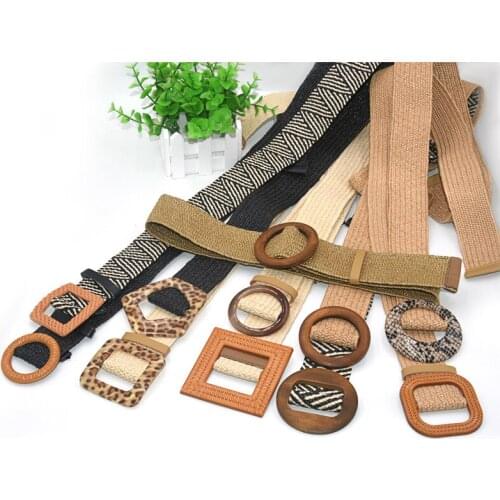 Vintage Bohemian Wide Belt Summer Wooden Buckle Wild Braided Belt Female Leopard Buckle Linen Weave Women Fake Straw Waist Belt