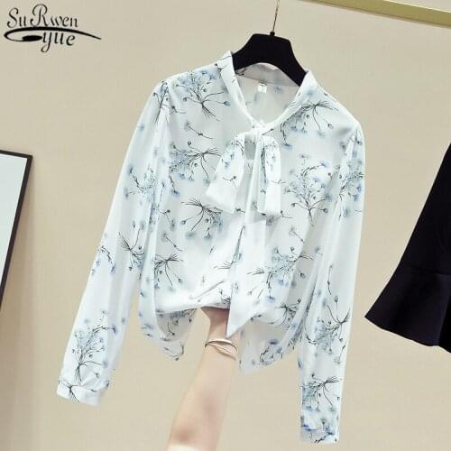 Autumn New Korean Style Long Sleeve Womens Shirt Elegant Bow Collar Printed Chiffon Blouse Casual Floral Lace-up Cardigan 11172