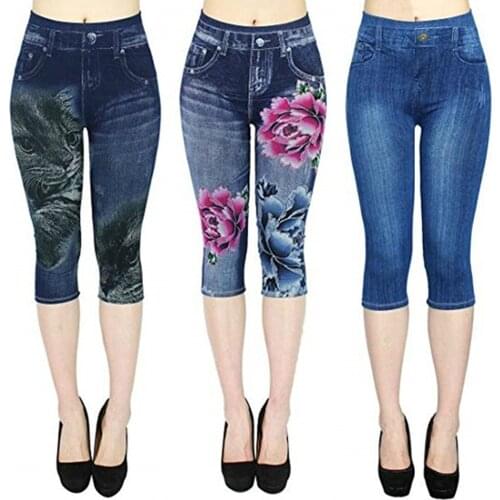 Women Plus Size Leggings Imitation Cropped Trousers 2019 New Mock Pocket Pants Slim Jeggings Denim Skinny