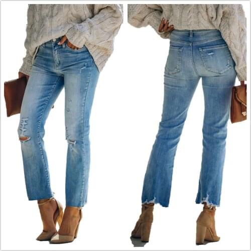 2021 Spring New Woman Ripped Jeans Fashion Elastic Denim Straight Pants Street Casual Ankle Jeans S-2XL High Quality Drop ship